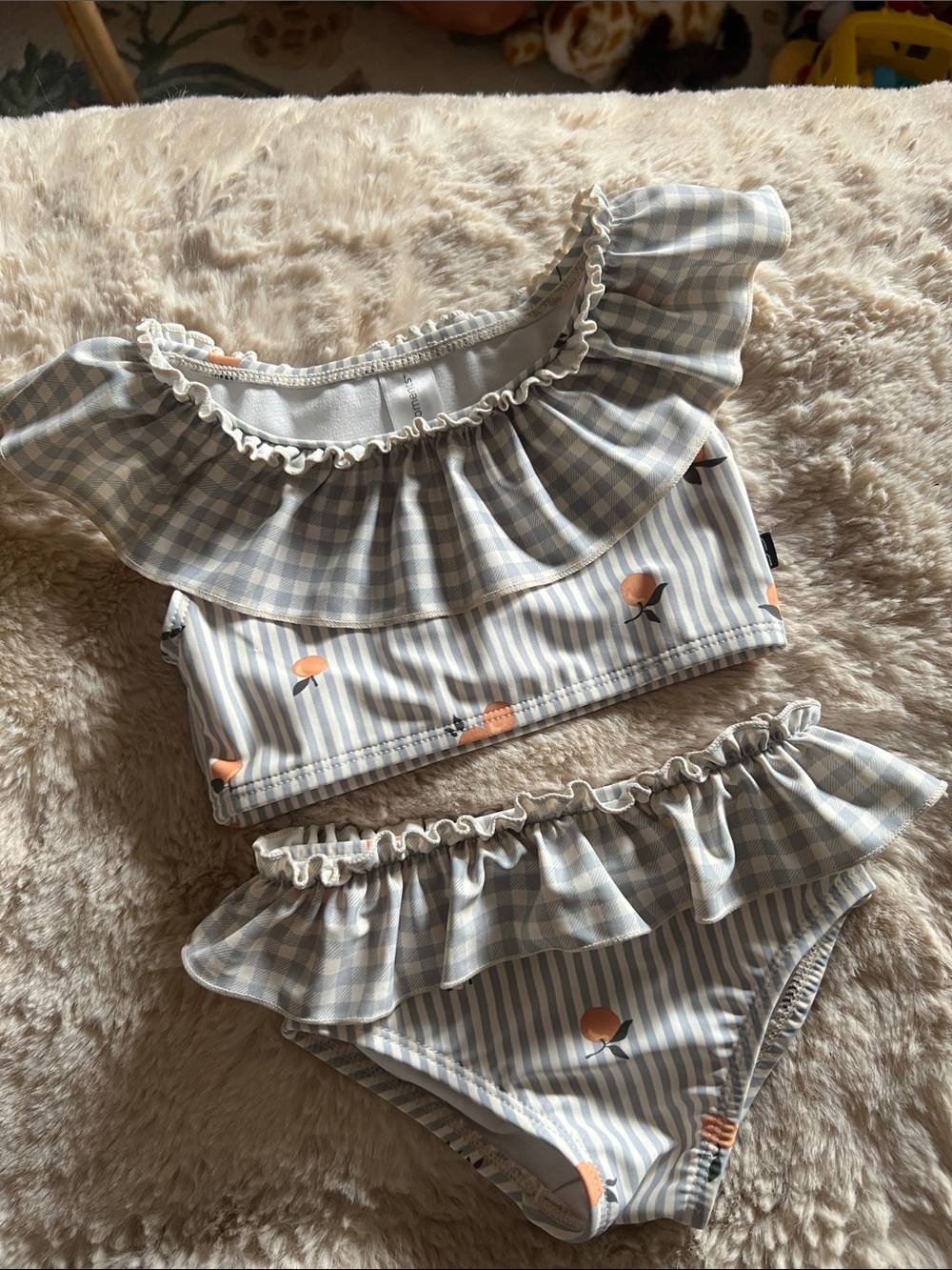 Girls Blue Gingham Ruffle Bikini with Peach Print